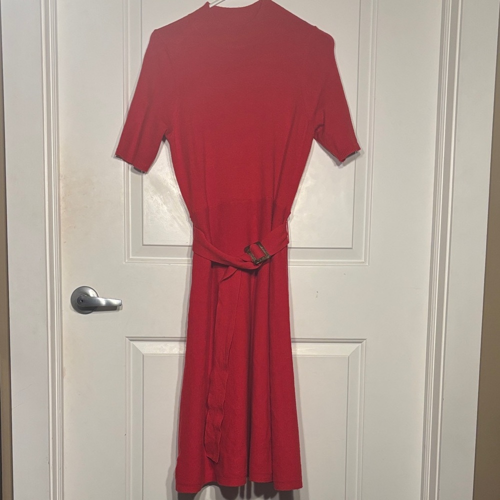 Red Short-Sleeve Belted Knit Dress